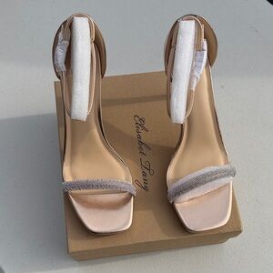 Elizabeth Lang Blush Satin Ankle-Strap Heels with Crystal Band